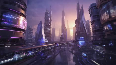 futuristic cityscape with elevated train at sunset