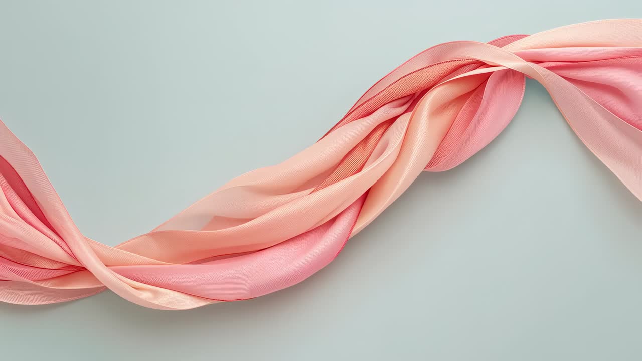 Frames advancing showing ribbon band smoothing across mint-blue backdrop, settling into coral folds