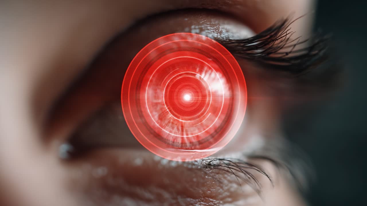 Una vista ravvicinata di una tecnologia oculare futuristica con una splendida interfaccia ottica rossa ed elementi visivi avanzati che riflettono innovazione e immaginazione.