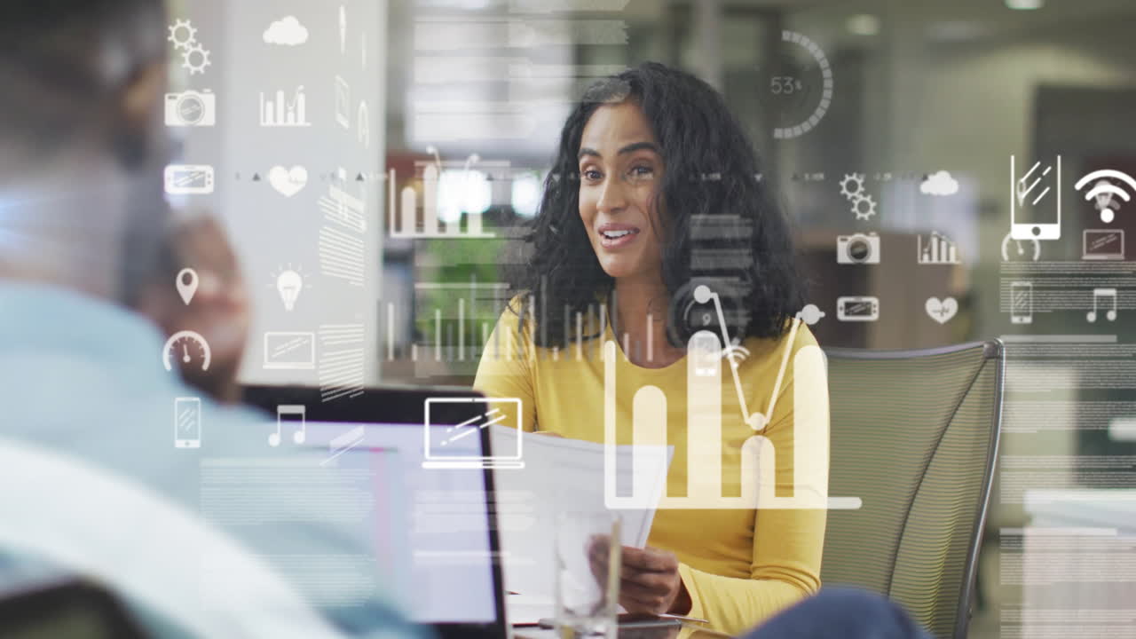 Animation of financial data processing over diverse business people in office