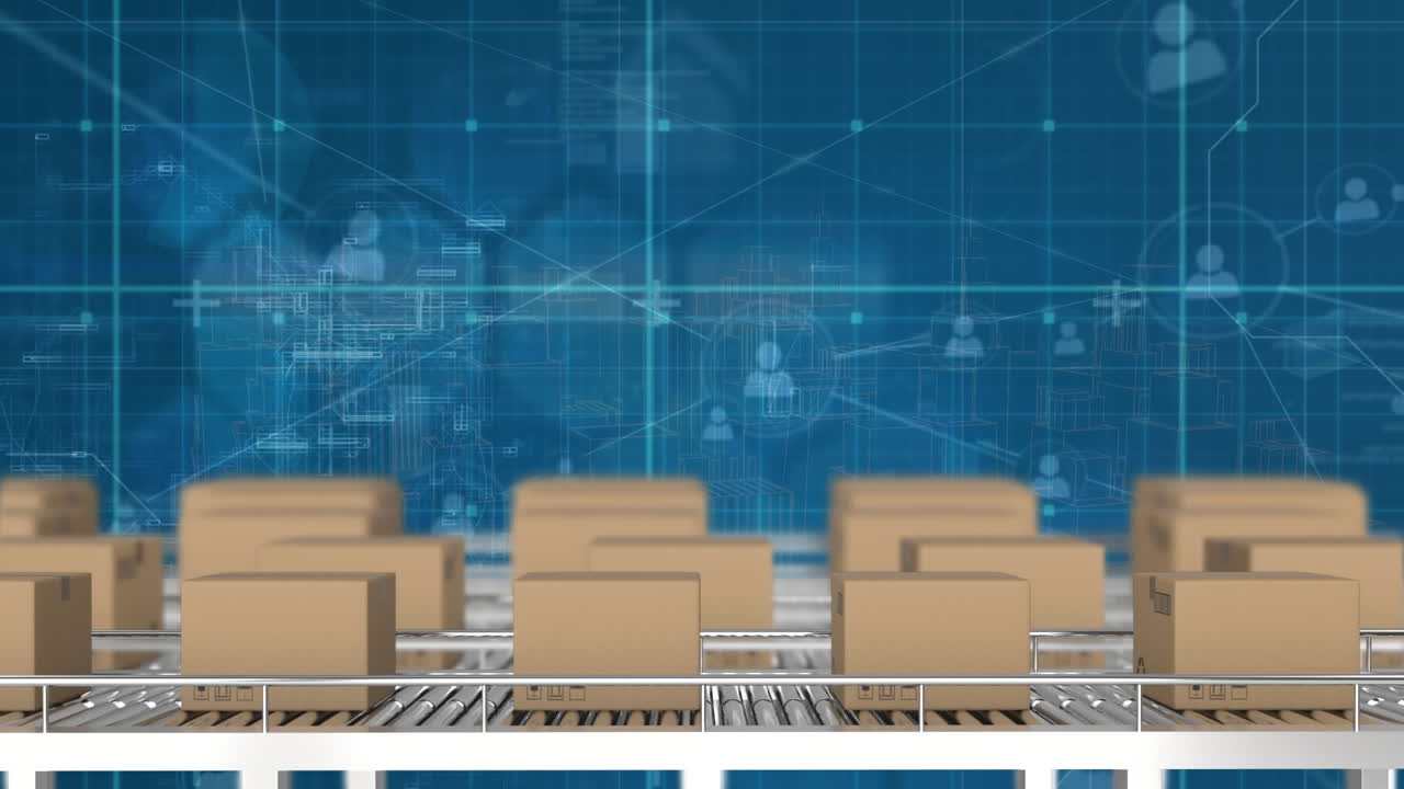 파란색 배경에 대한 컨베이어 벨트의 배달 상자 위에 프로파일 아이콘 네트워크의 애니메이션