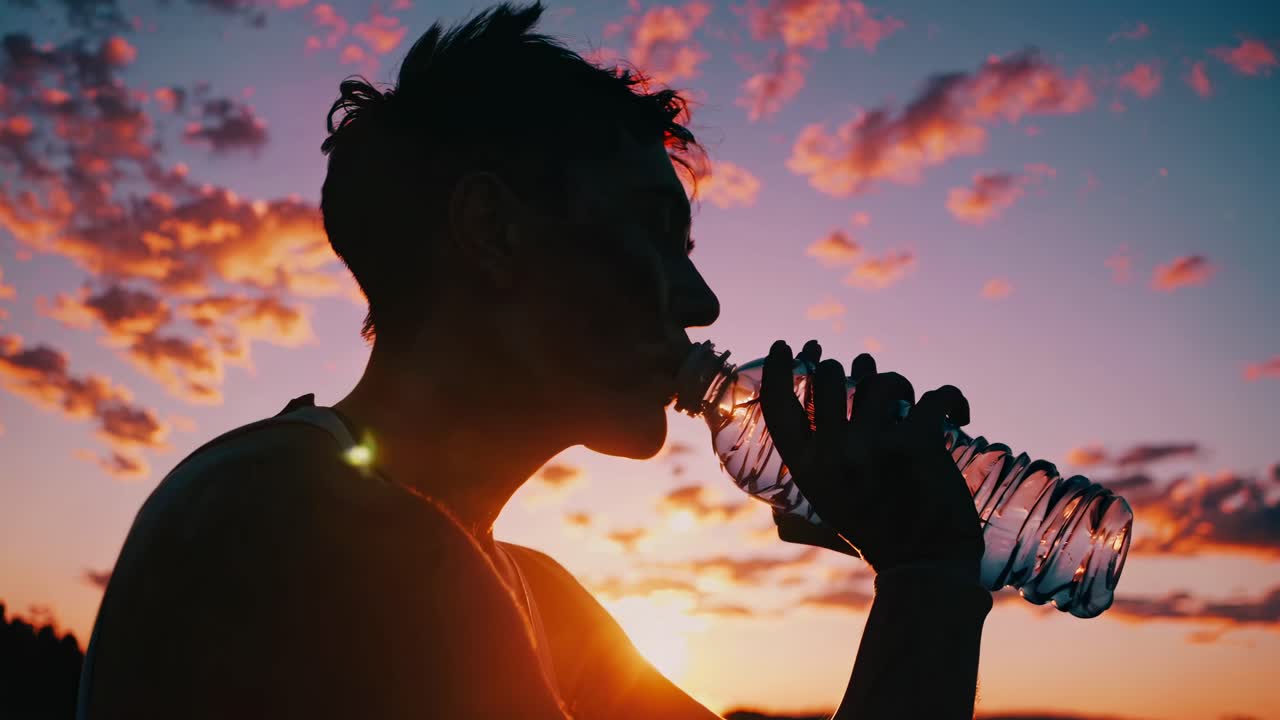 Silhouette of a person drinking from a bottle at sunset, captured from a low angle