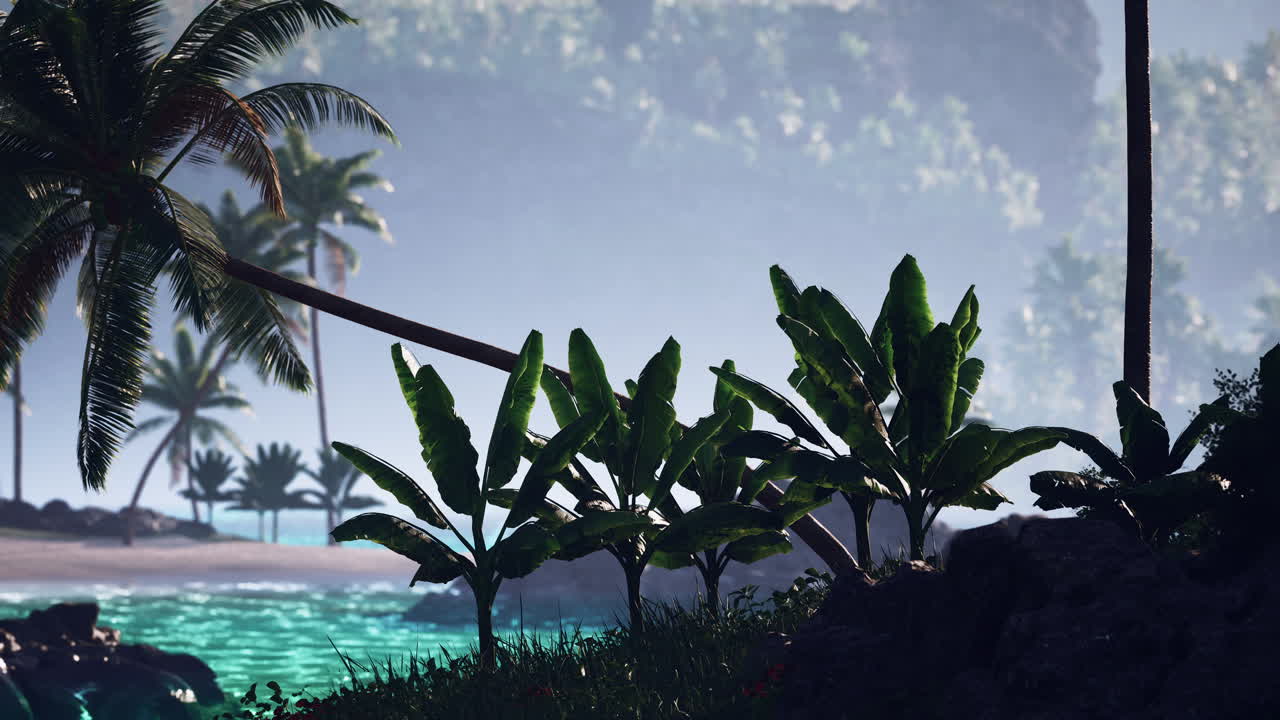 Serene tropical landscape with lush greenery near calm blue waters at dawn