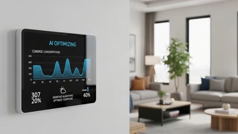 smart home energy management system displaying ai optimized energy consumption graph and insights in a modern living room environment