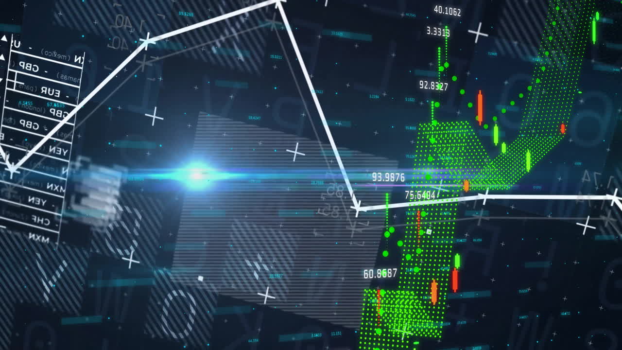 Abstract financial interface visualizing polyline trend over candlestick mesh with blue flare