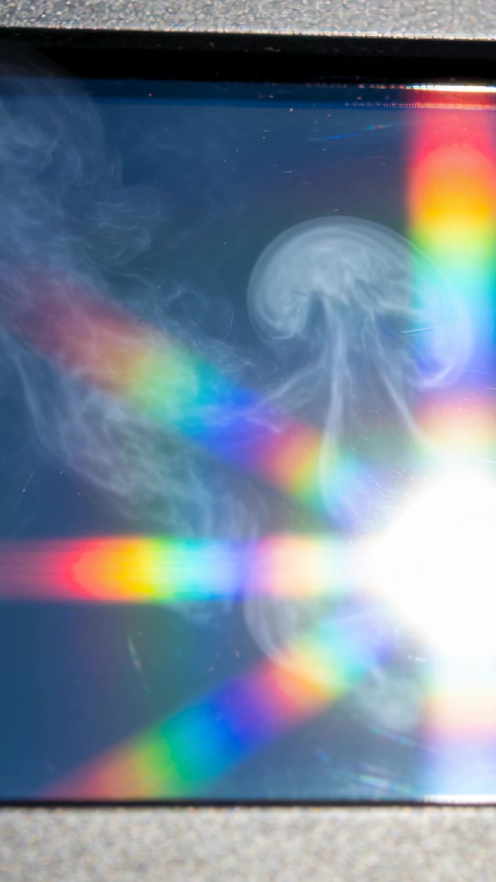 Video verticale: Pennacchio di fumo vorticante che entra da sinistra e si sposta verso un bagliore luminoso su un pannello, creando arcobaleni