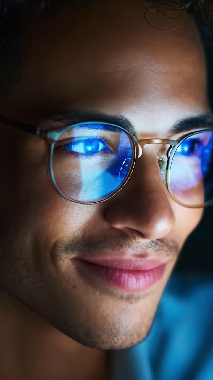 Primo piano di un giovane uomo con occhiali alla moda e luce riflessa sul viso, che mette in risalto i suoi lineamenti e la sua espressione in un ambiente coinvolgente