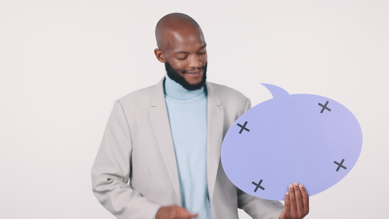 Black man, speech bubble and pointing at banner