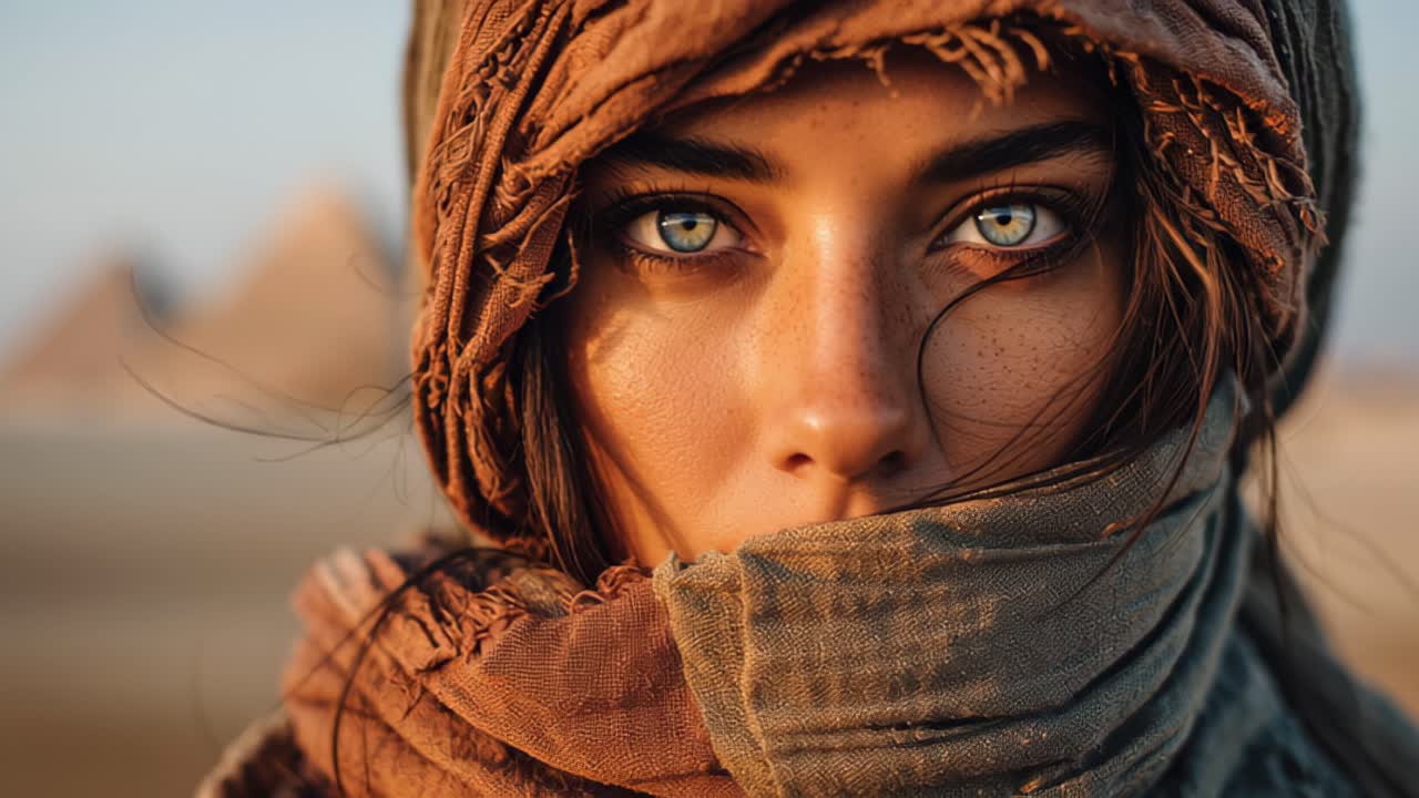 Primo piano di una giovane donna che indossa un foulard in un paesaggio desertico, che guarda in camera con luce drammatica e profondità di campo ridotta, concetto di viaggio e cultura.