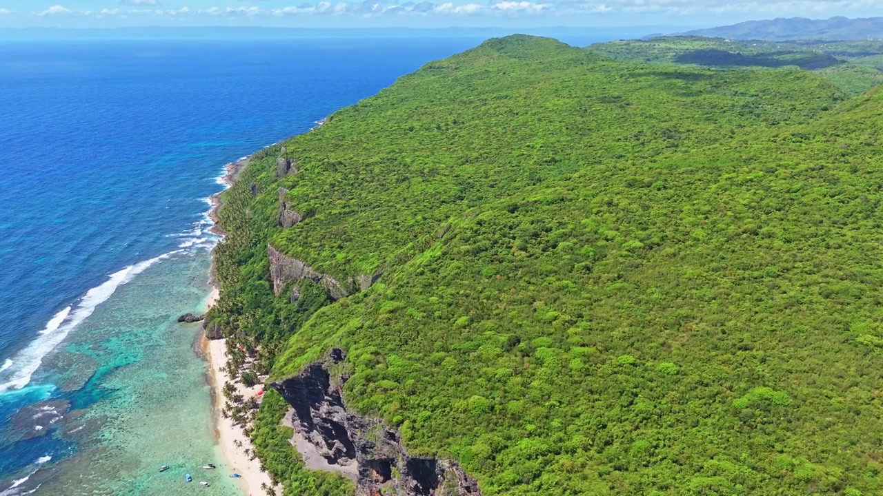 Rigogliosa cresta montuosa verde che si tuffa nel mare turchese dei Caraibi, imponenti scogliere e stretta spiaggia sabbiosa con palme lungo la costa rocciosa sotto un cielo blu. Repubblica Dominicana. Ripresa aerea in avvicinamento.