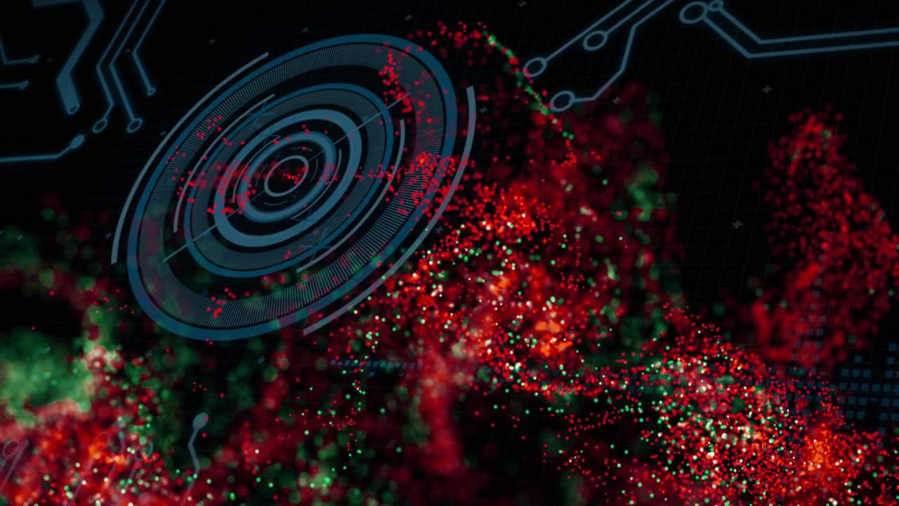 Digital circuit and radar animation over colorful particle explosion