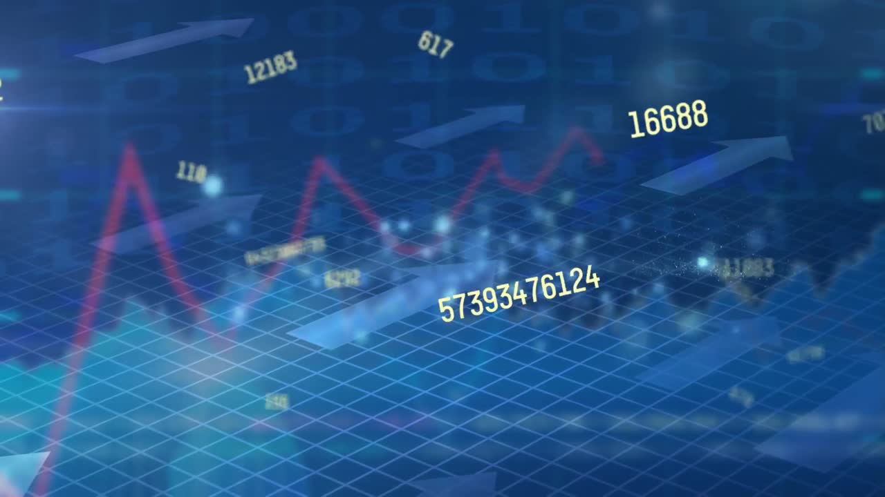 파란색 배경에 바이너리 코딩 데이터 처리를 통해 여러 번 변경되는 숫자