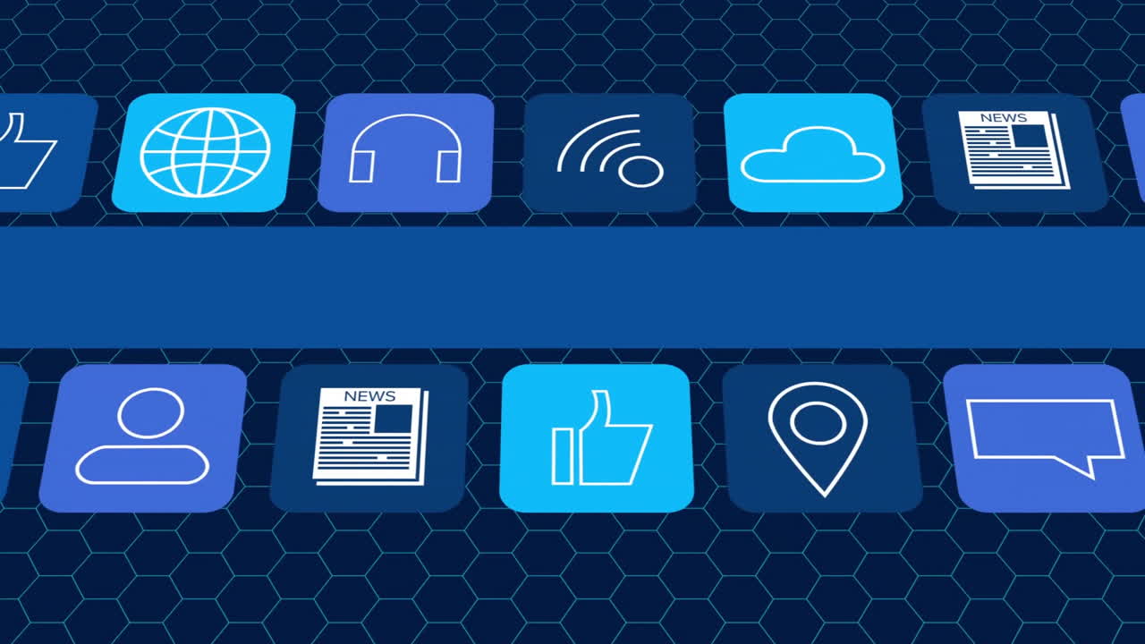 Social media and communication icons animation over hexagonal pattern background