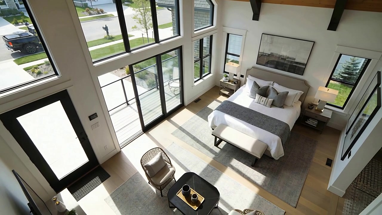 Luce solare mutevole che proietta fasce attraverso il letto della camera da letto vicino a finestre alte, con un'auto parcheggiata fuori che segna il tempo.