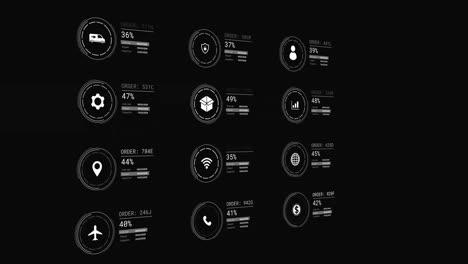 animation of icons with data processing on black background