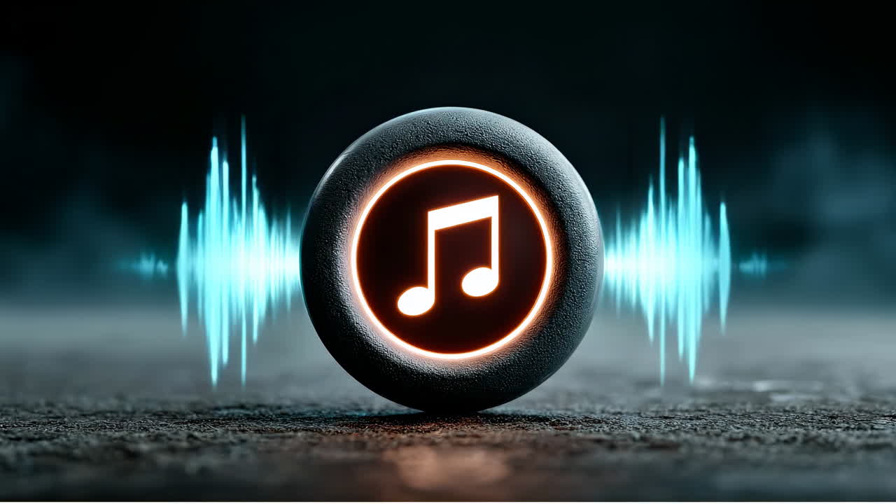 Modern music speaker with sound waves. A sleek speaker emits sound, featuring a vibrant music note, ideal for entertainment and relaxation