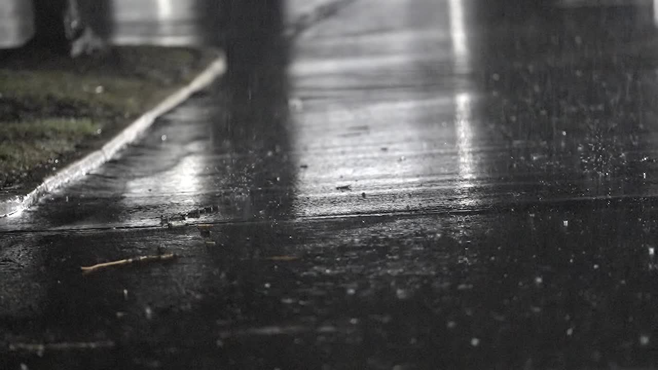 Nighttime Raindrops in Slow Motion Urban Scene