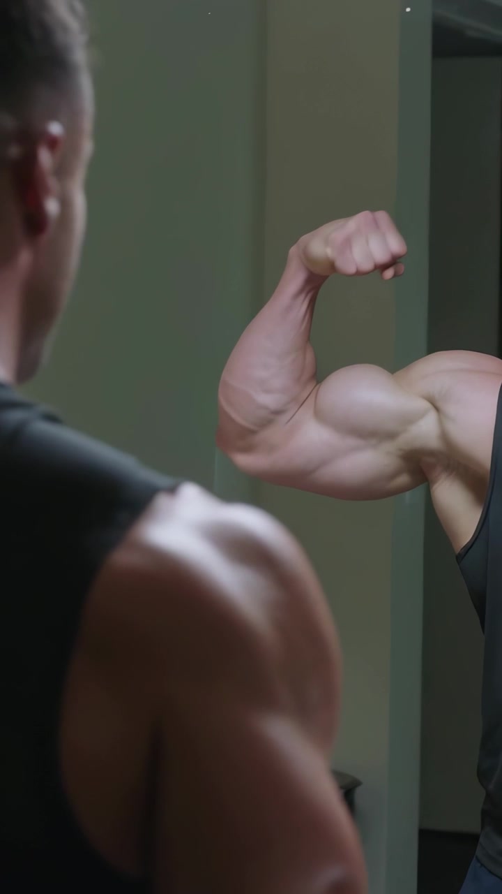 Vídeo vertical: Homem em forma com regata preta flexionando o bíceps direito, verificando o tônus muscular no espelho da penteadeira.