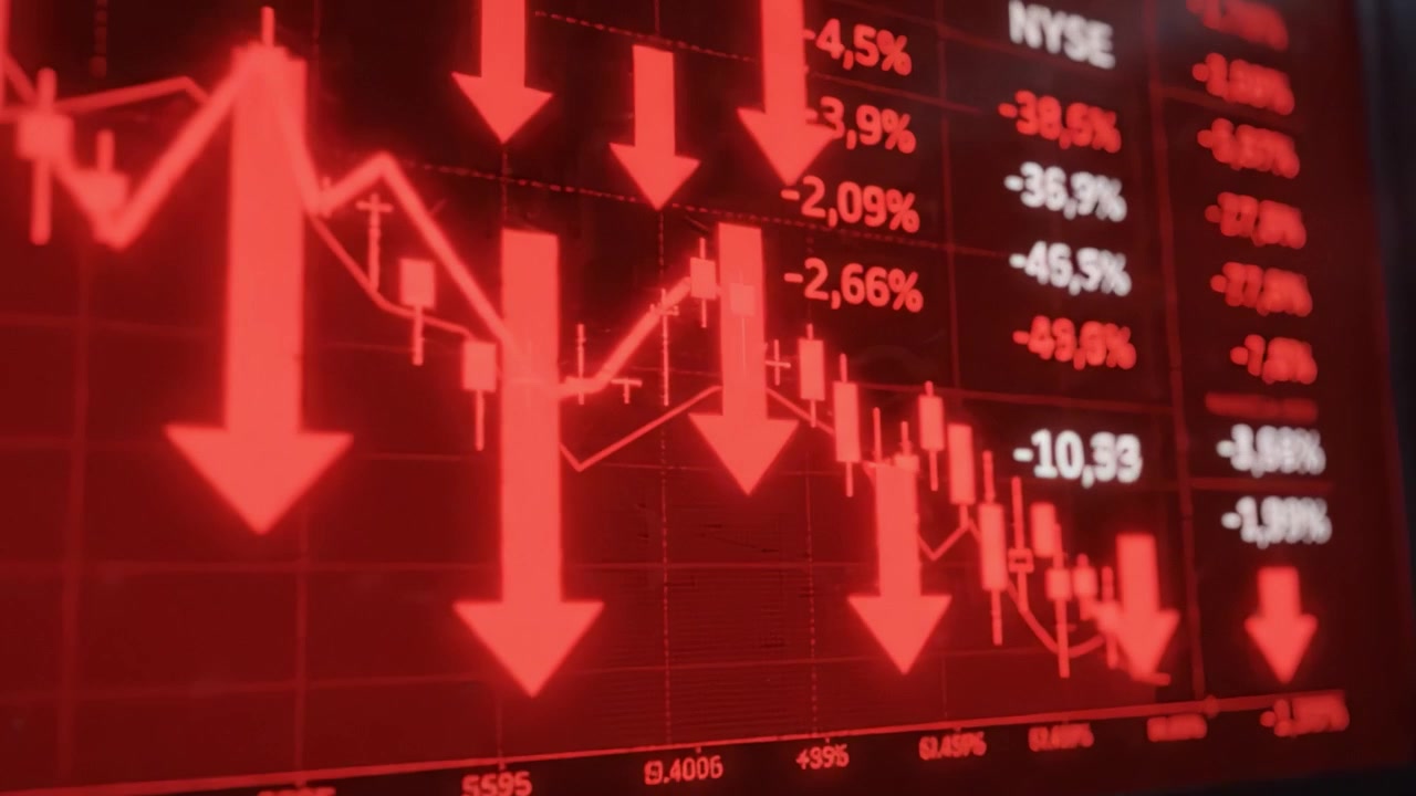 Stock Market Downturn: Analysis of Falling Prices and Declining Indices Captured in Key Frames Illustrating Financial Volatility and Market Trends.