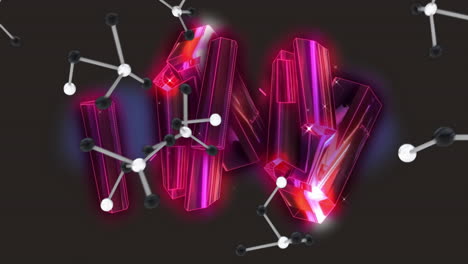 shiny pink crystals animation over molecular structure on dark background