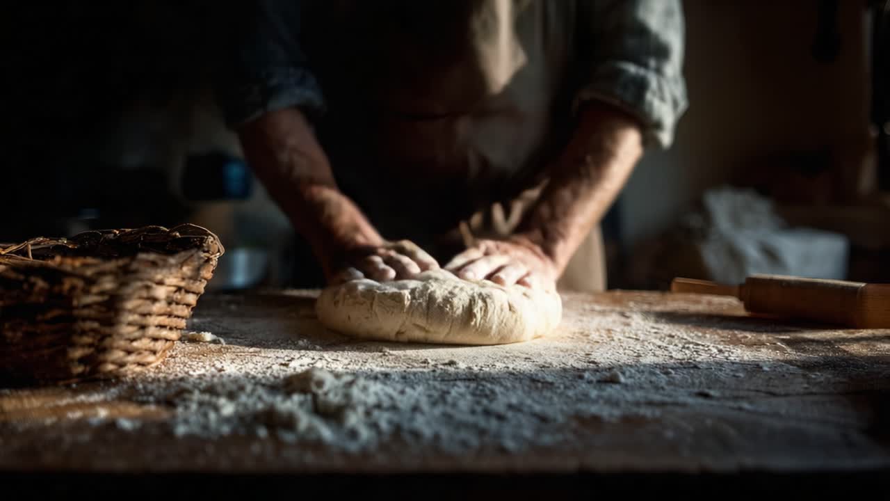 Art of Dough: Capturing the Timeless Craft of Bread Making as Hands Knead Freshly Prepared Dough on a Rustic Wooden Surface, Surrounded by Flour and Basket in a Warm, Dimly Lit Environment
