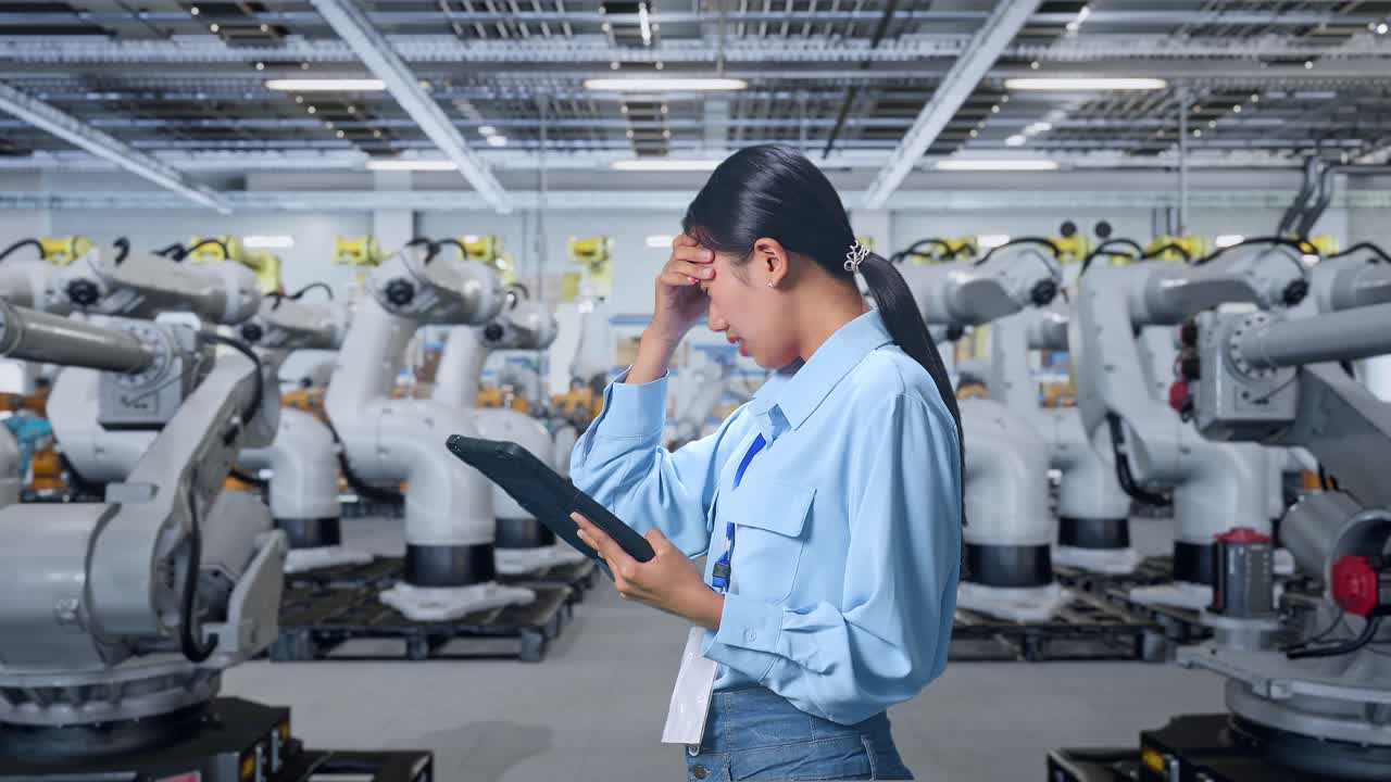 공장에서 산업 로 문제를 다루는 여성