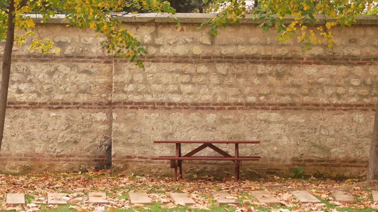 осенняя парковая сцена с скамейкой и каменной стеной