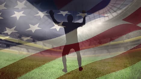 waving us flag over silhouettes of male soccer player in different poses against sports stadium