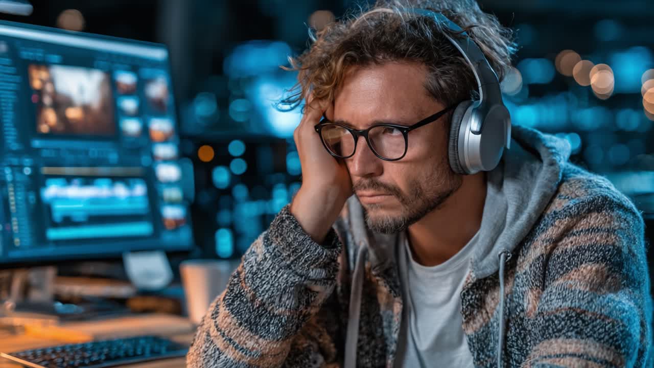 A Frustrated Content Creator Struggles with Editing at a Desktop Setup, Overwhelmed by Work and Facing Challenges in a Dimly Lit Studio Environment