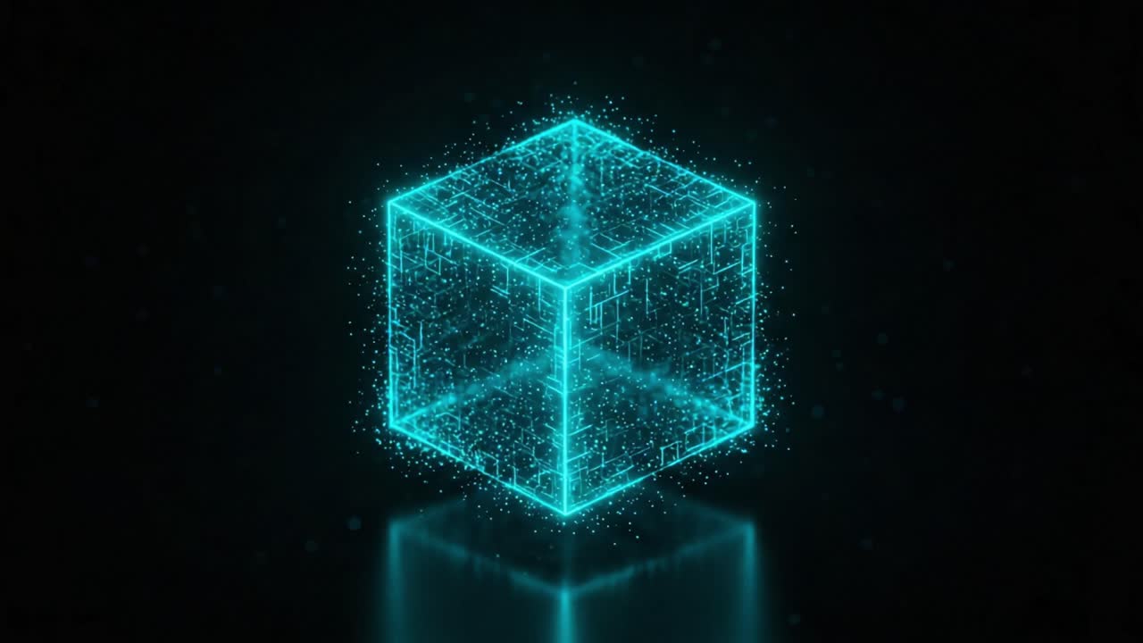 A mesmerizing visual journey through a glowing digital cube, showcasing intricate patterns and shimmering particles in a dark environment, revealing the beauty of technology and design