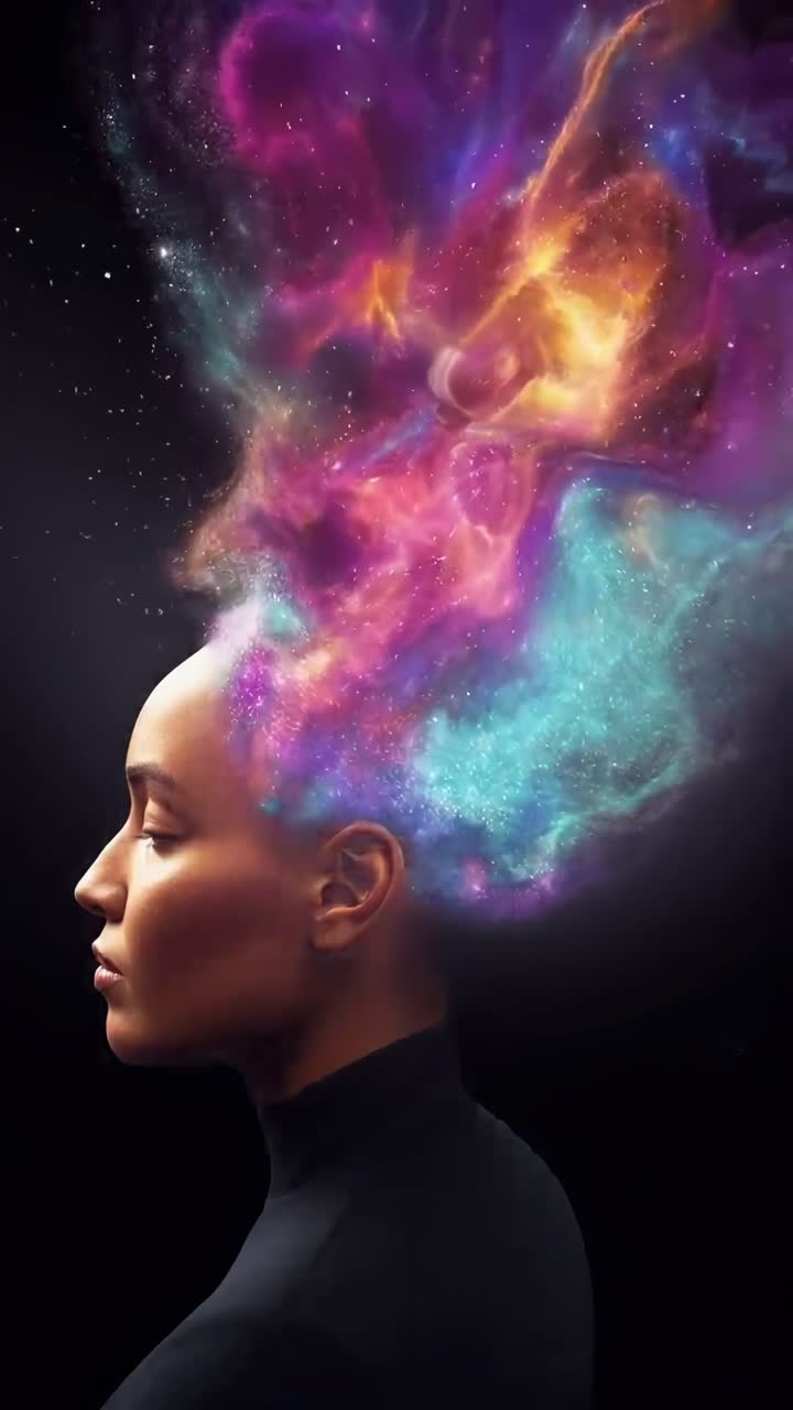 Concetto video surreale di una donna di profilo con un'esplosione cosmica dalla sua testa, angolazione laterale