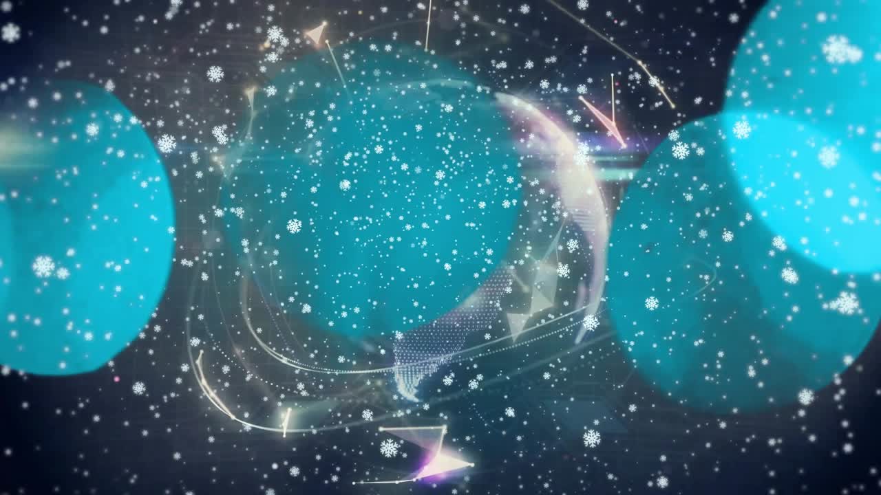 Teal flare expanding, dotted globe forming, orbiting wireframe rotating, snow building cosmic scene