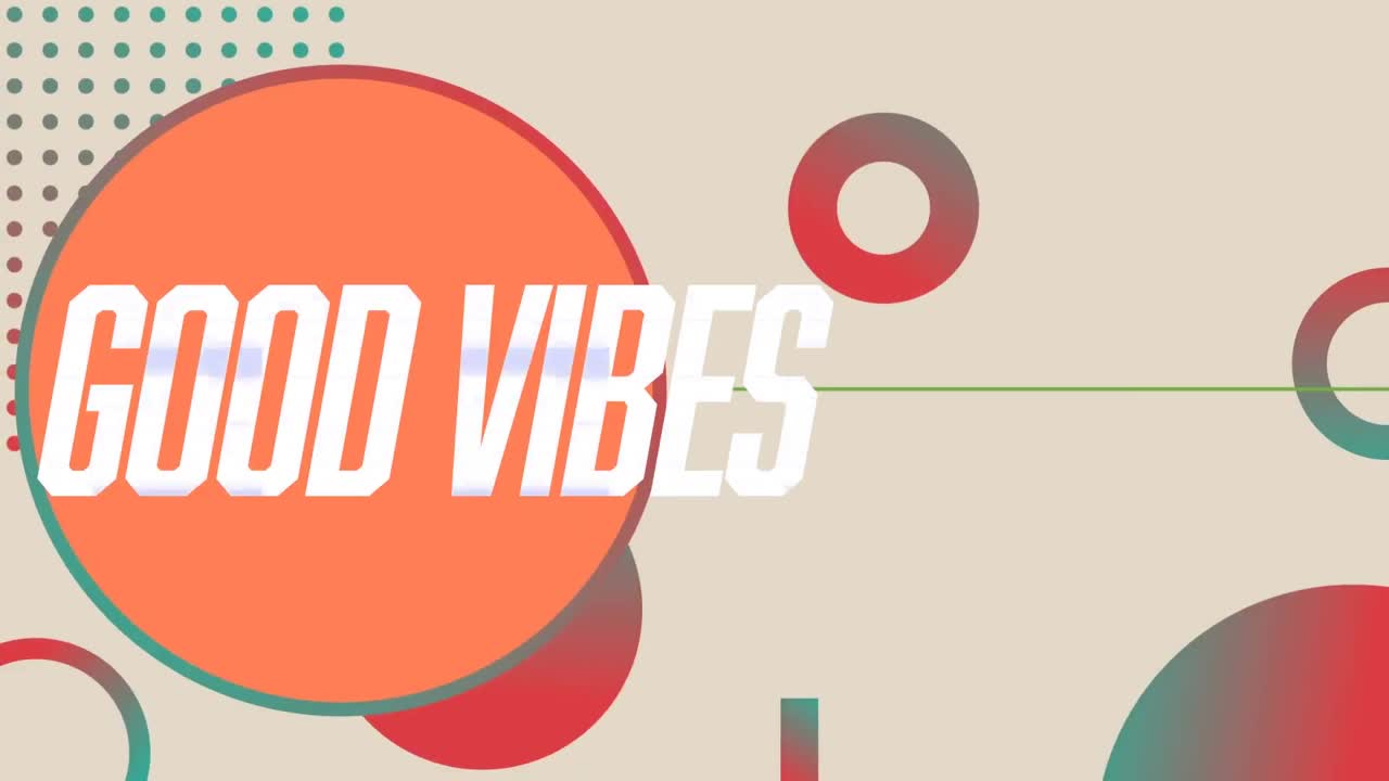 Animation of good vibes text in white, over colourful geometric shapes on pale grey