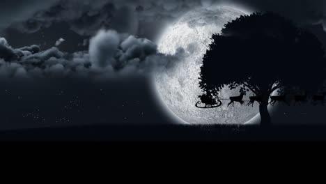 animation of santa claus in sleigh with reindeer passing over moon and tree