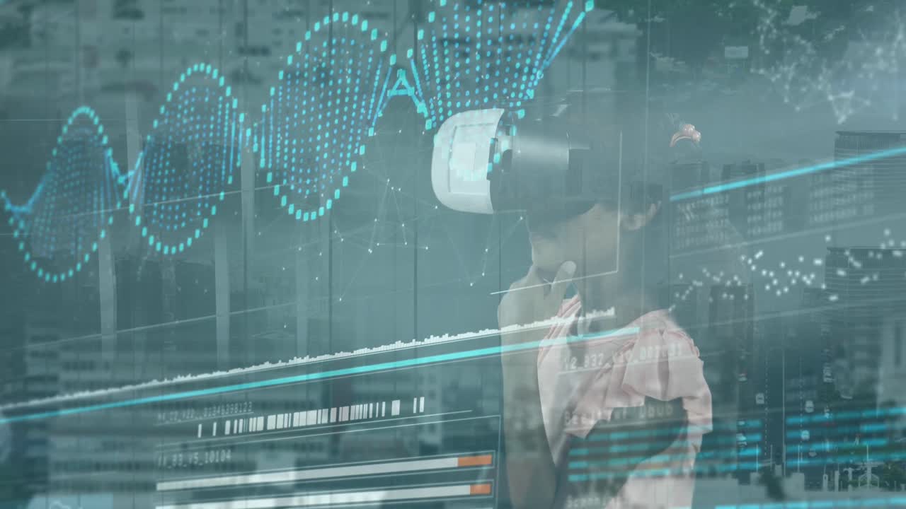 vr 헤드 ⁇ 을 가진 백인 소녀에 대한 데이터 처리 애니메이션