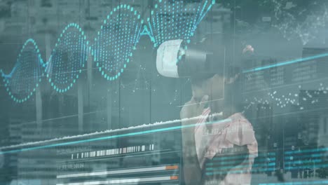 animación del procesamiento de datos sobre chica caucásica con auriculares vr