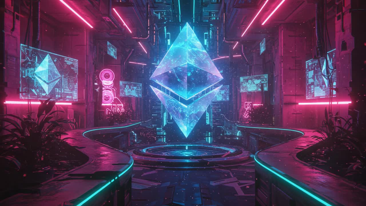 A Vibrant Neon Metropolis: A Journey Through a Futuristic Digital Realm Featuring a Central Ethereal Gem, Surrounded by Glowing Holographic Displays and Lush Technology-Inspired Flora