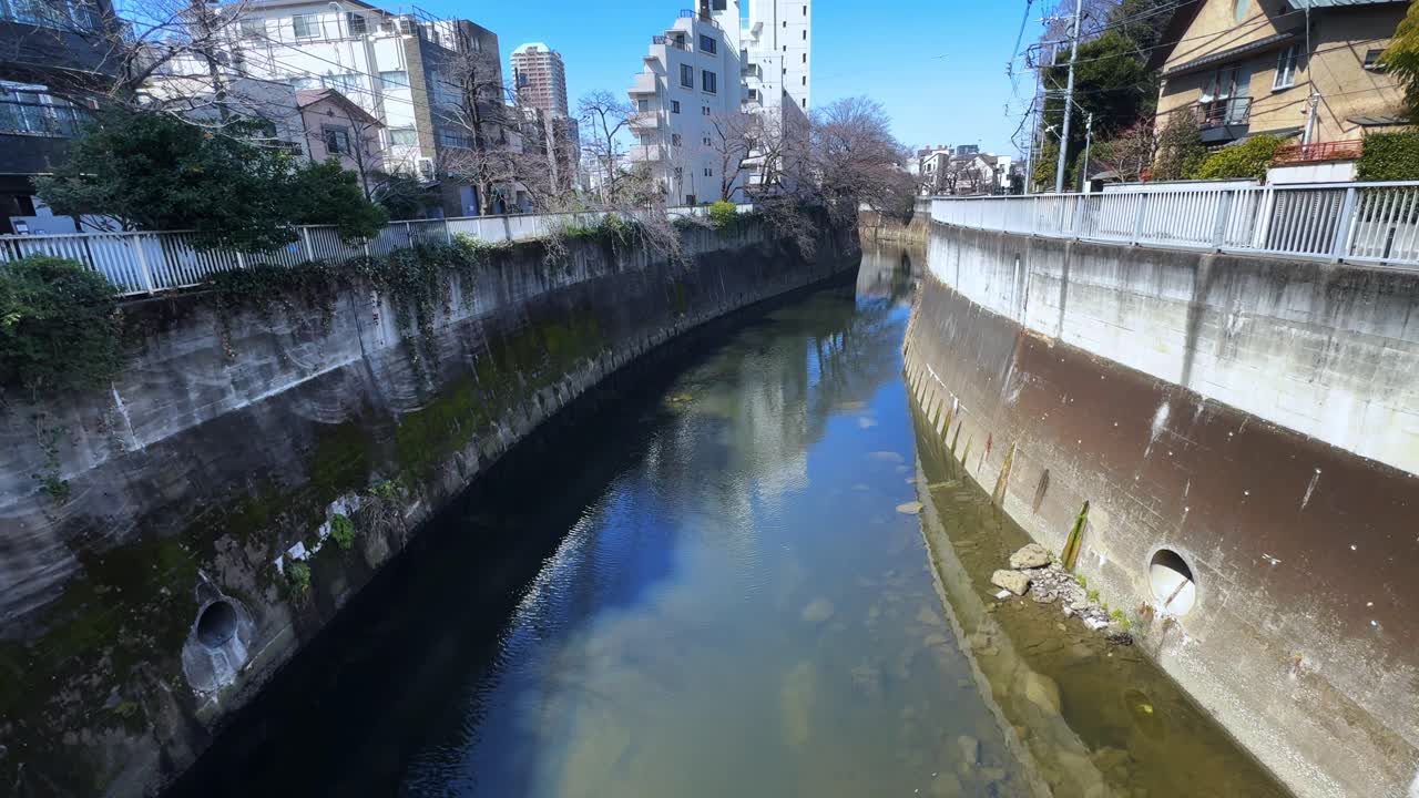 A scenic shot of a narrow river winding through Tokyo with buildings lining the waterway