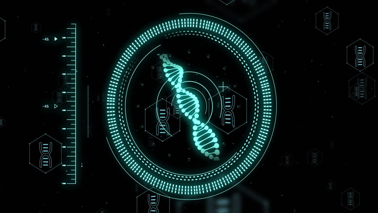DNA strand and scientific data processing animation over dark background