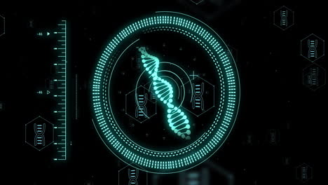 cadena de adn y animación de procesamiento de datos científicos sobre un fondo oscuro