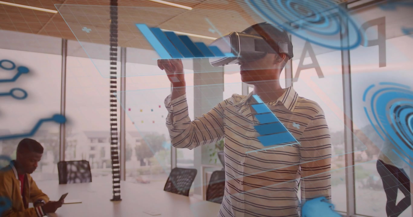 Kvinde aktiverer VR-headset ved at løfte en finger og derefter stryge svævende diagrammer til forretningsanalyse.