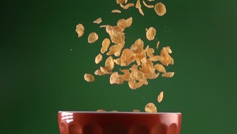frontal view of corn flakes falling on a plate