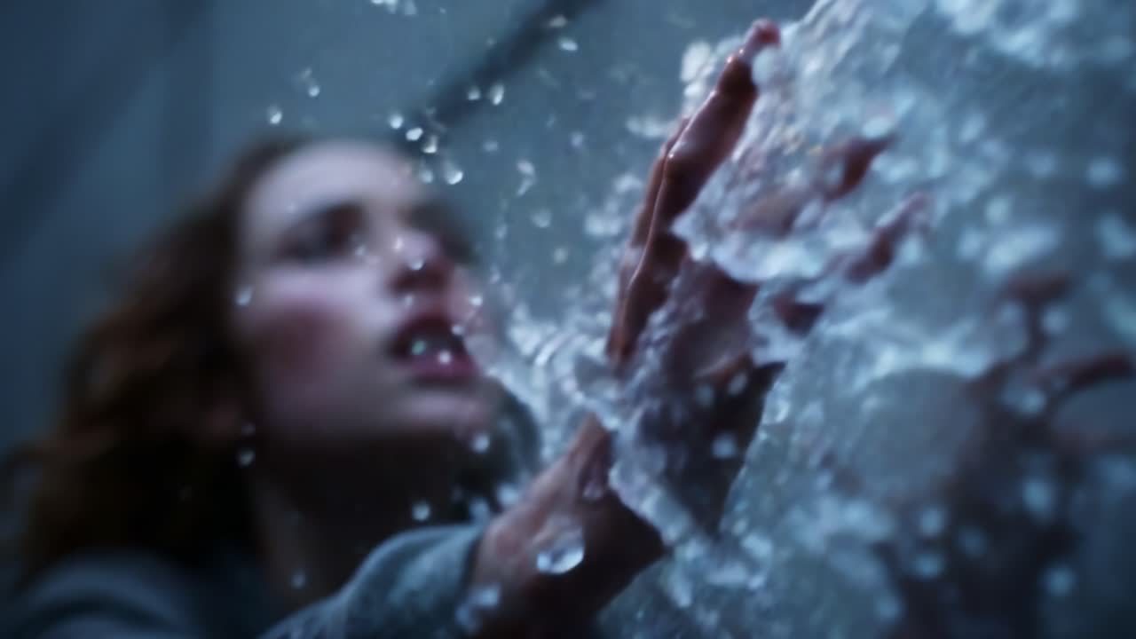 A Dramatic Moment Captured: The Struggle to Connect Through Water in an Ethereal Setting, Depicting Emotion and Motion with the Focus on a Hand Reaching for an Elusive Element