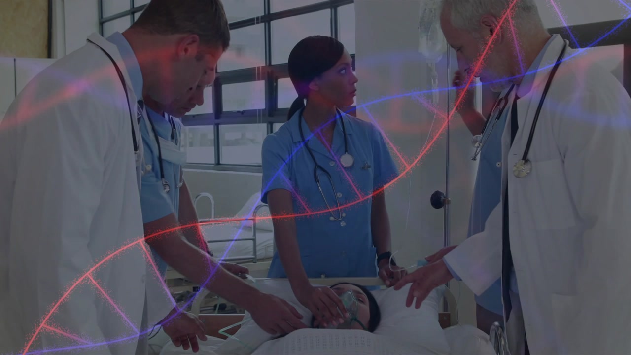 Placing oxygen mask lead clinician in scrubs stabilizing patient at ward bed with IV-bag and helix