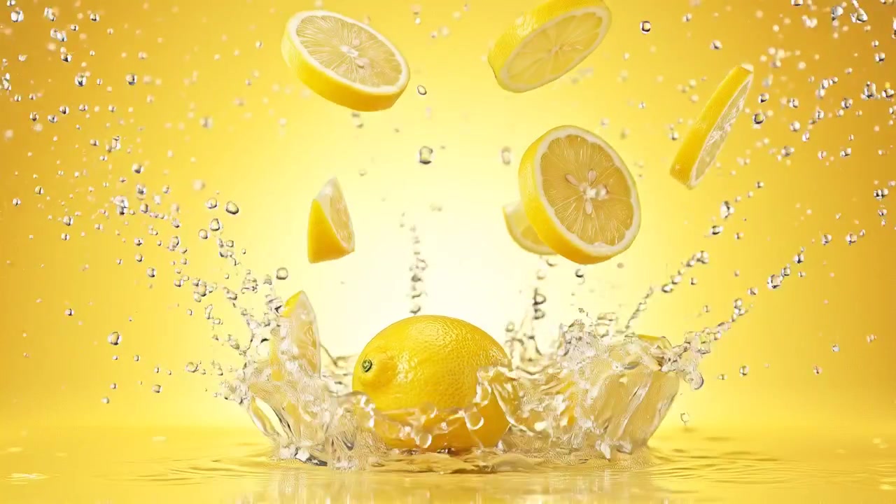 Close Up of Juicy Lemon Splashing into Sparkling Water with Bright Yellow Backlight