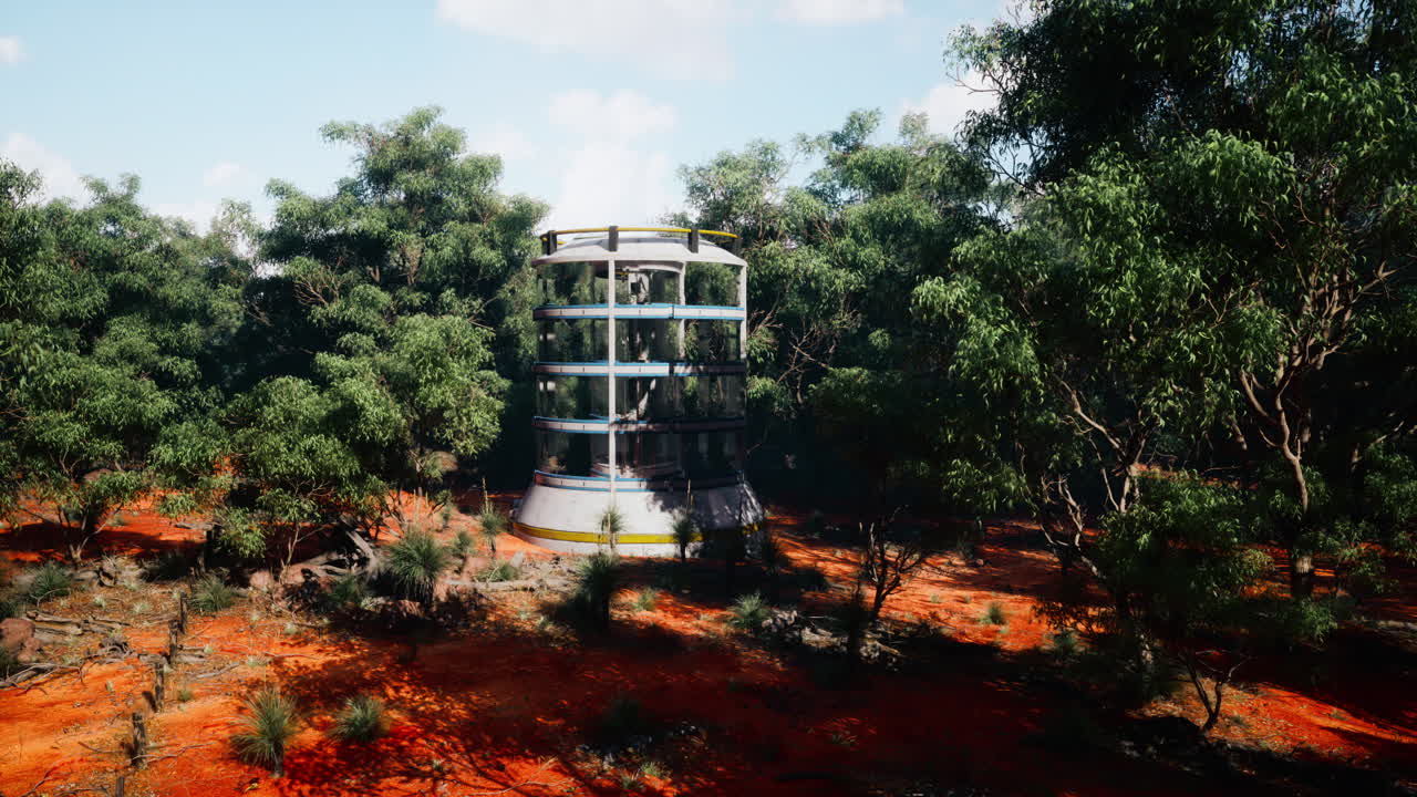 숲 속 에 버려진 미래적 인 탑 구조물