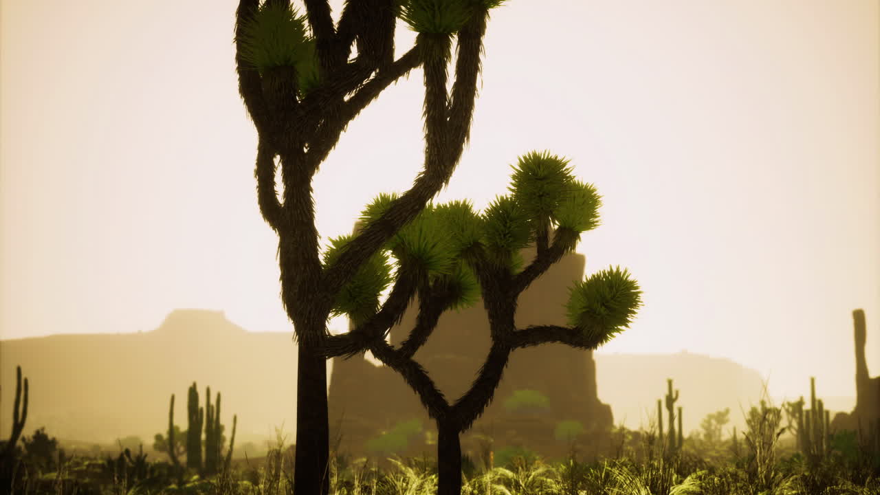 Desert landscape showcasing unique flora and distant rock formations at sunset