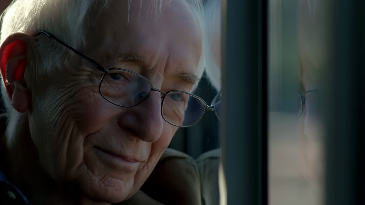 Close-up portrait of a pensive elderly man with white hair and glasses