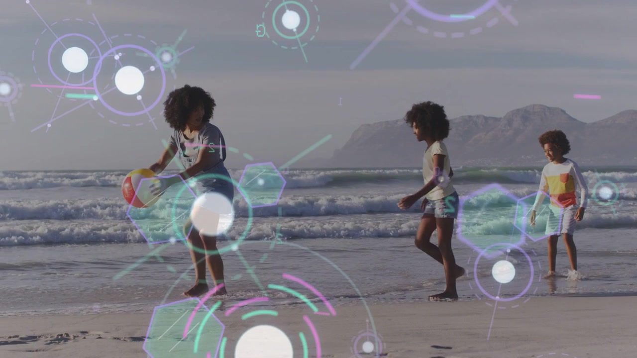 Girl tossing beach ball, playing with child reaching while parent walking, tech overlay obscuring