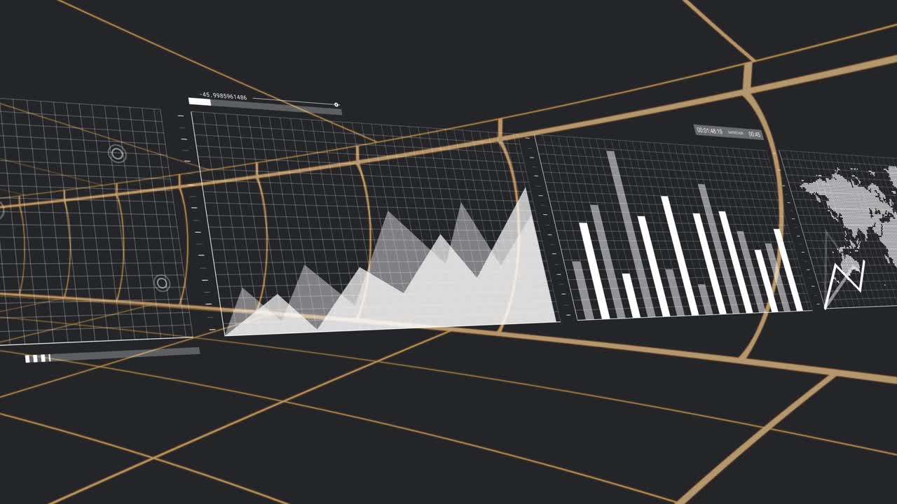 Floating data panels hovering through 3D wireframe tunnel, showing area peaks, bar chart, world map
